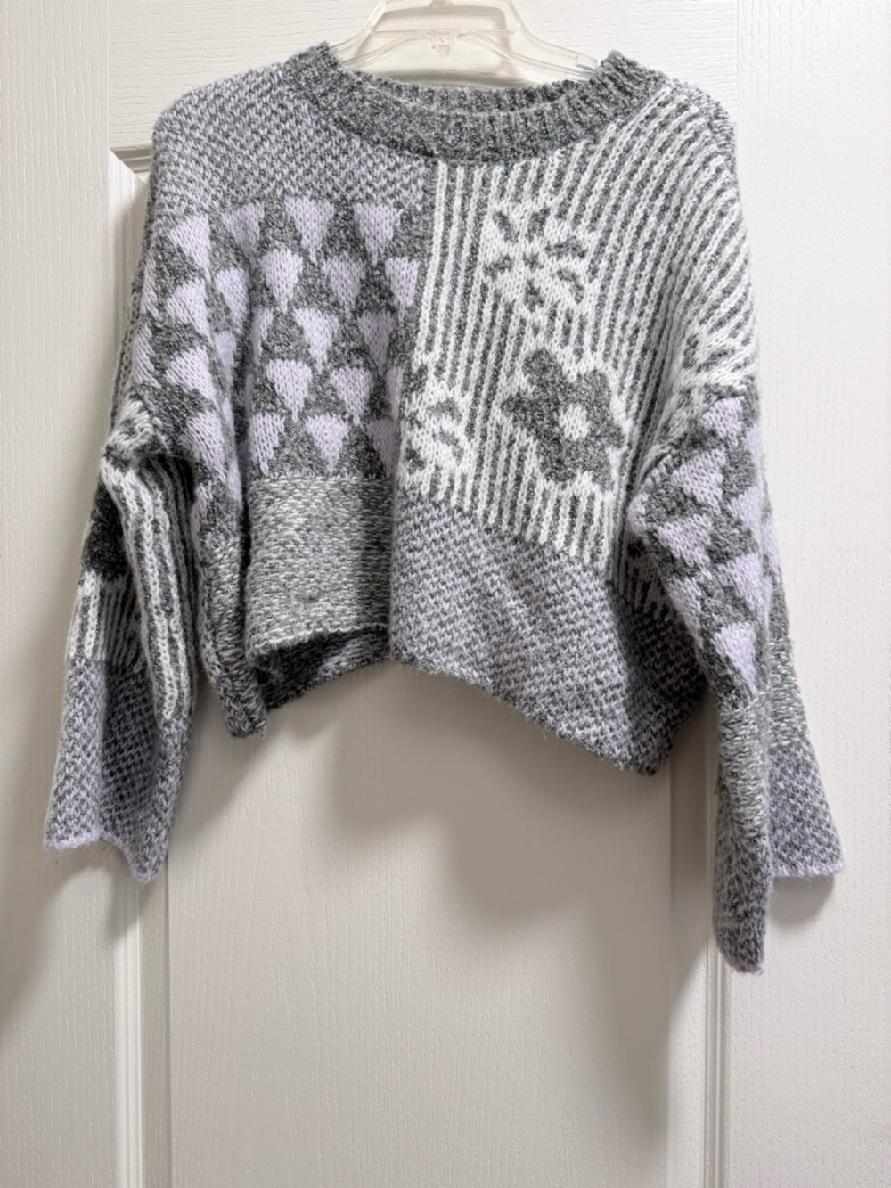 Sincerely Jules Cropped Patchwork Knit Sweater in Gray and Light Purple